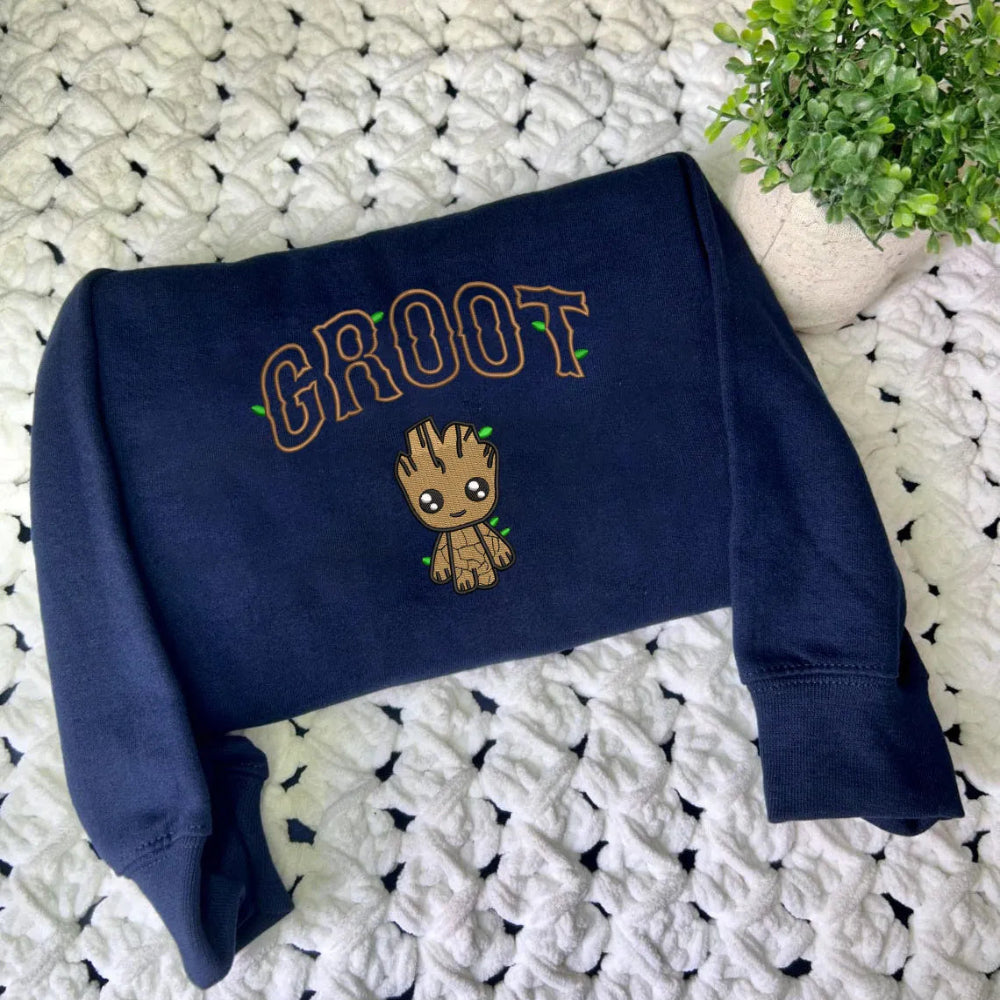 Navy Folded Sweatshirt With Embroidered Baby Groot And Groot Text