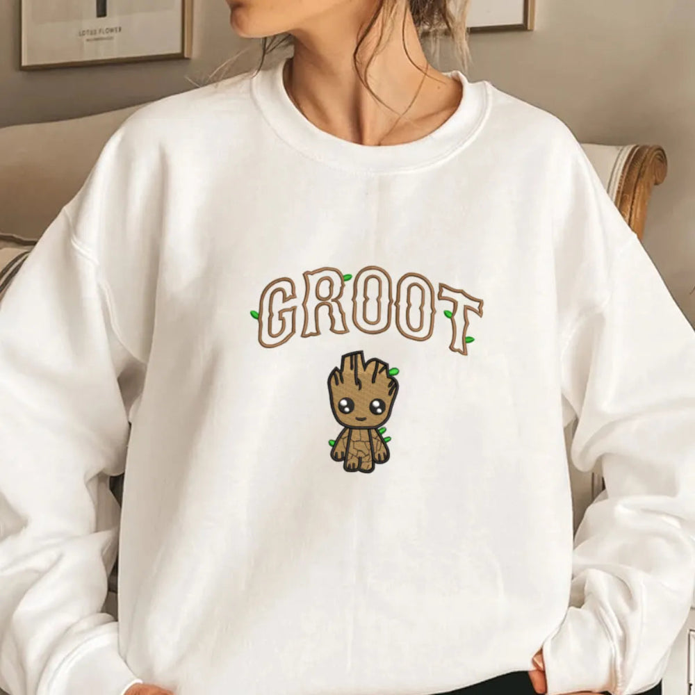 White Oversized Sweatshirt On Mat Showing Baby Groot Patch Design