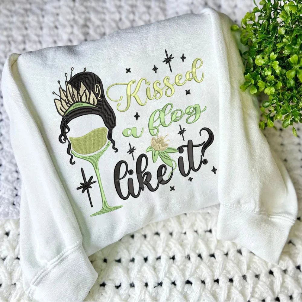 White Sweatshirt Showing Kissed A Frog I Like It Design.