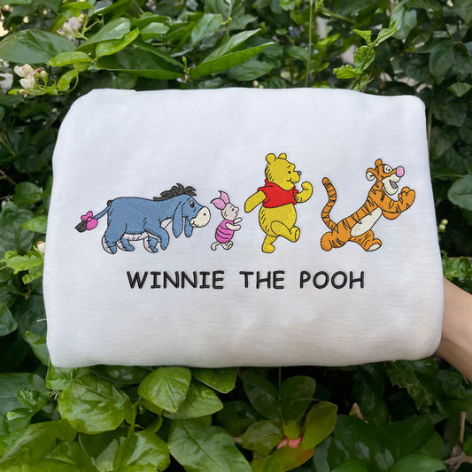 White Winnie The Pooh Crewneck Folded, Adorable Group Embroidery Detail