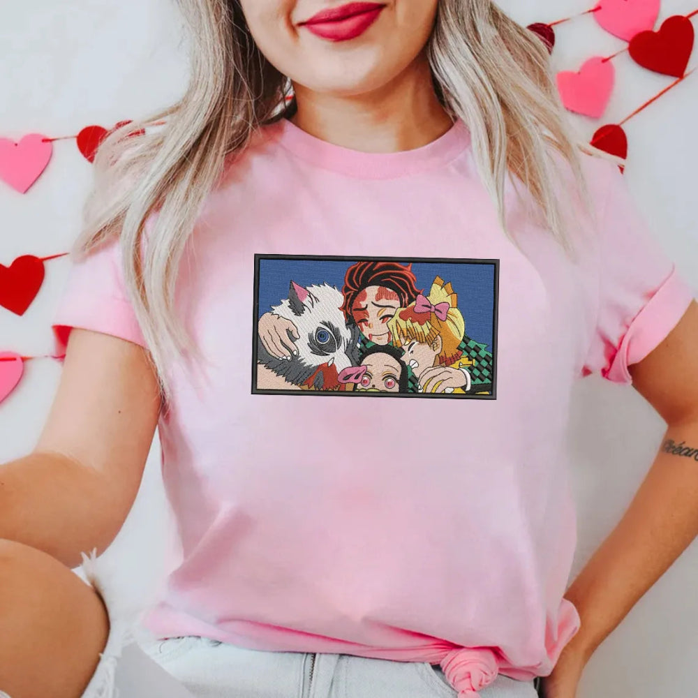 Pink T-Shirt Modeled With Colorful Demon Slayer Characters Patch 