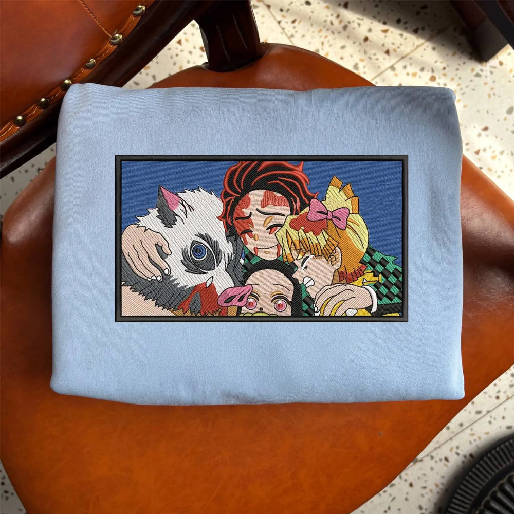 Sweatshirt Worn Featuring Embroidered Tanjiro Nezuko Inosuke Zenitsu Group Hug