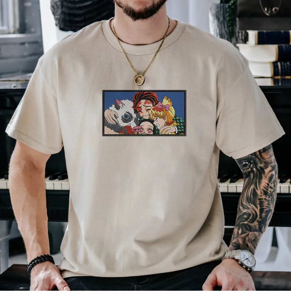 Sand T-Shirt Worn Displaying Embroidered Demon Slayer Main Cast Patch