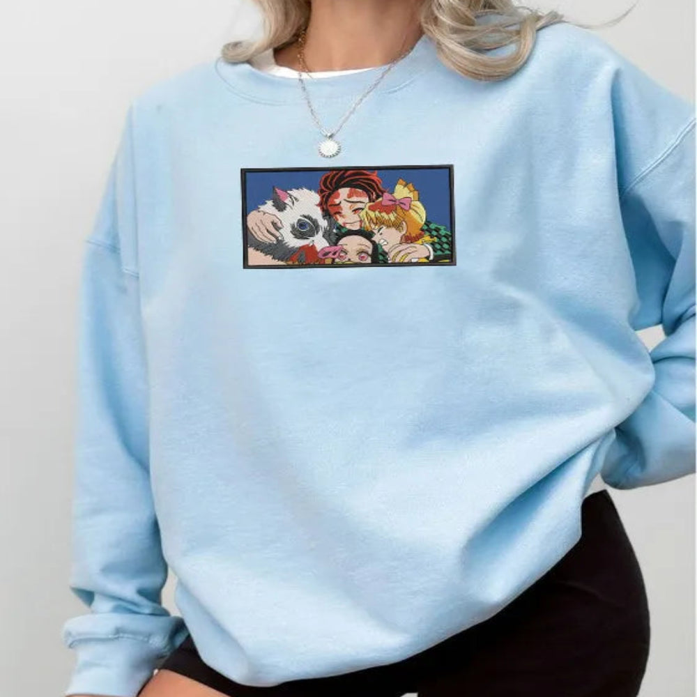 Light Blue Sweatshirt Worn Featuring Embroidered Tanjiro Nezuko Inosuke Zenitsu 