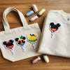 Mickey Minnie Balloon Patches Applied On Tote Bag And Sweatshirt.