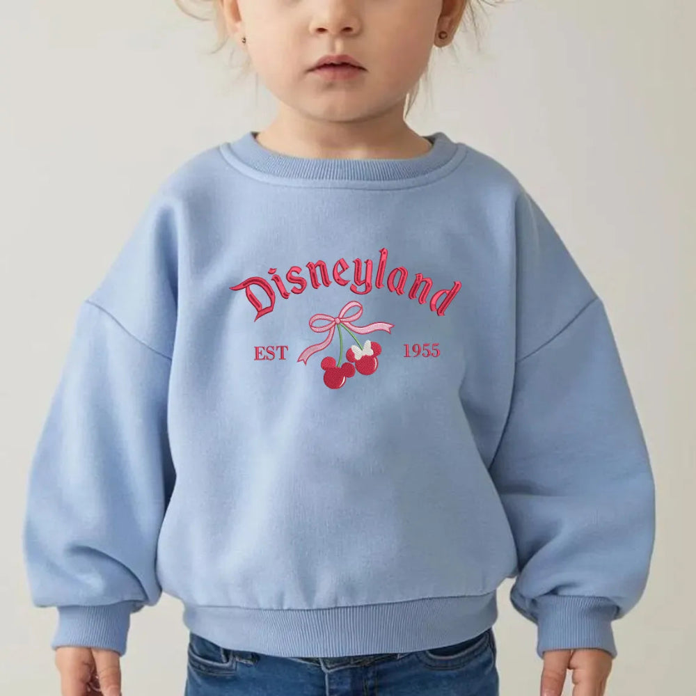 Light Blue Disneyland Embroidered Sweatshirt With Red Cherry And Bow
