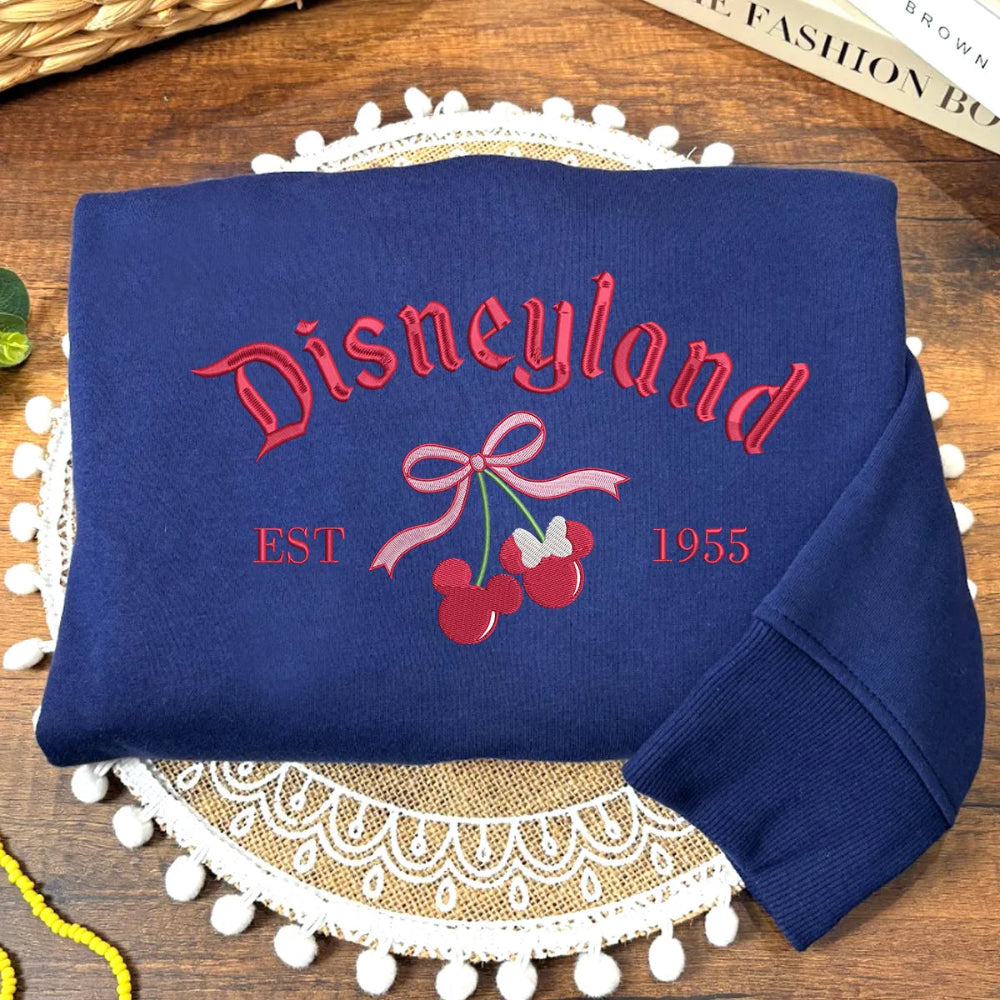 Folded Navy Disneyland Embroidered Sweatshirt With Cherry And Bow Design