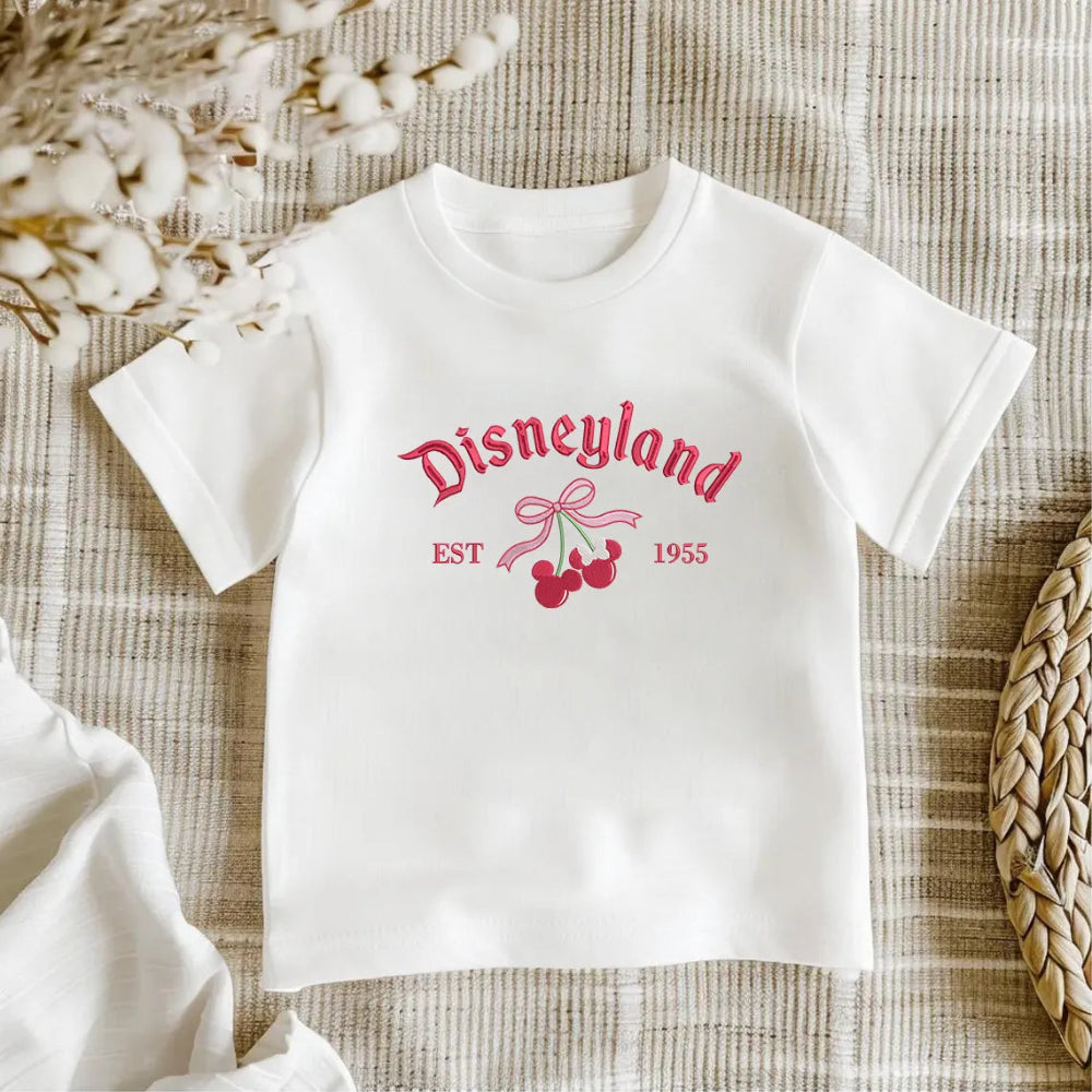 White Kids T-Shirt With Embroidered Disneyland Cherry Bow And Text
