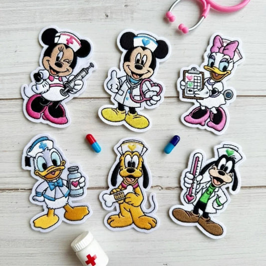 Six Disney Medical Theme Embroidered Patches Arranged With Medical Props 