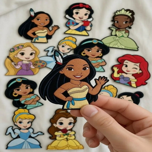 Hands Holding Chibi Pocahontas Patch With Feather Headband, Waving Pose
