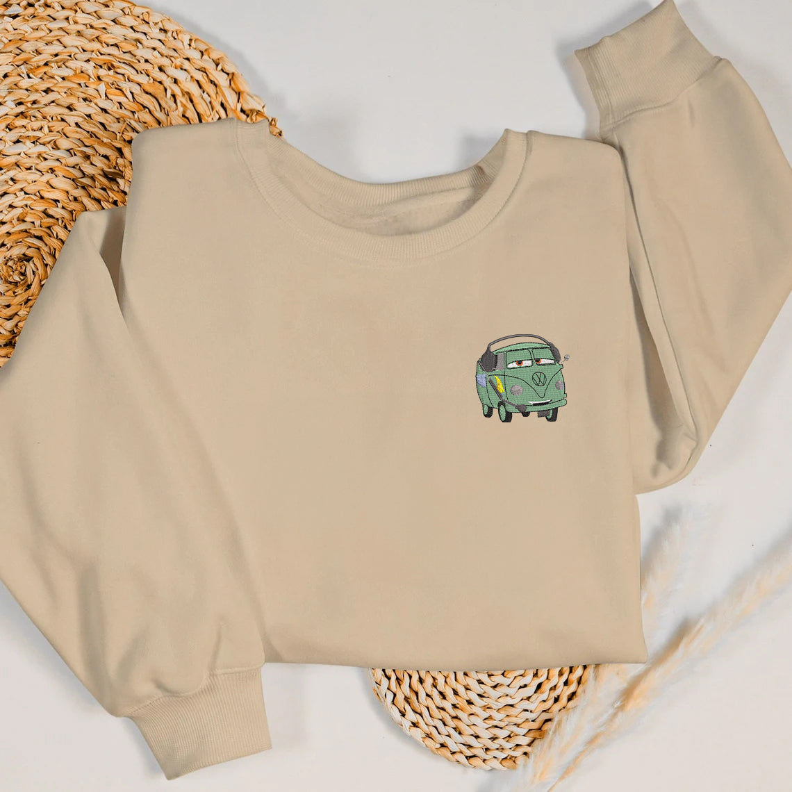 Sand Fillmore Cars Embroidered Sweatshirt Laying Flat.