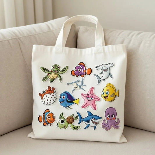 Tote Bag Decorated With Twelve Finding Nemo Character Patches