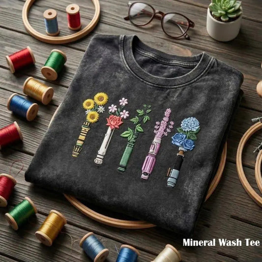 Black Wash T-Shirt Close Up With Detailed Floral Lightsaber Embroidery
