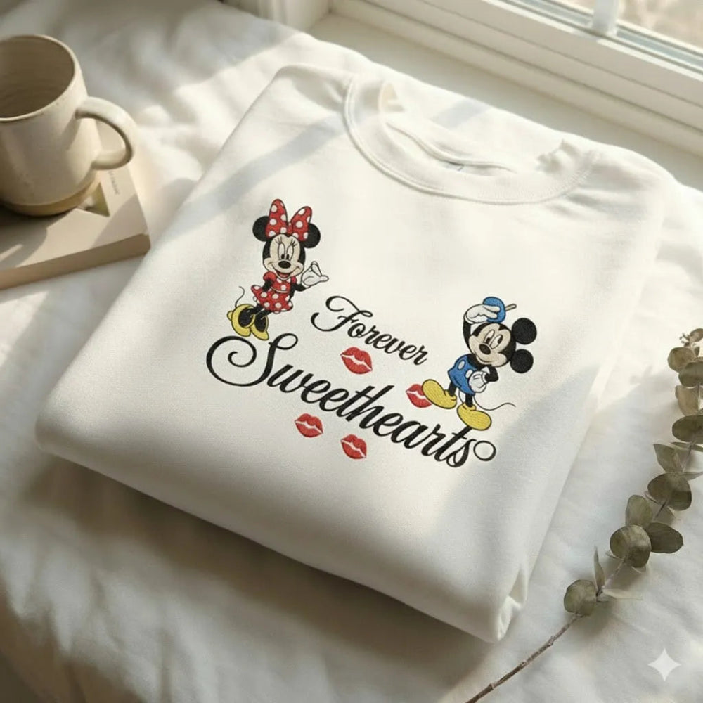 White Sweatshirt Mickey Minnie Forever Sweethearts Embroidered Folded On Table.