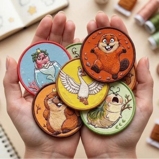 Pair Of Hands Holding Five Cute Funny Animal Embroidered Patches
