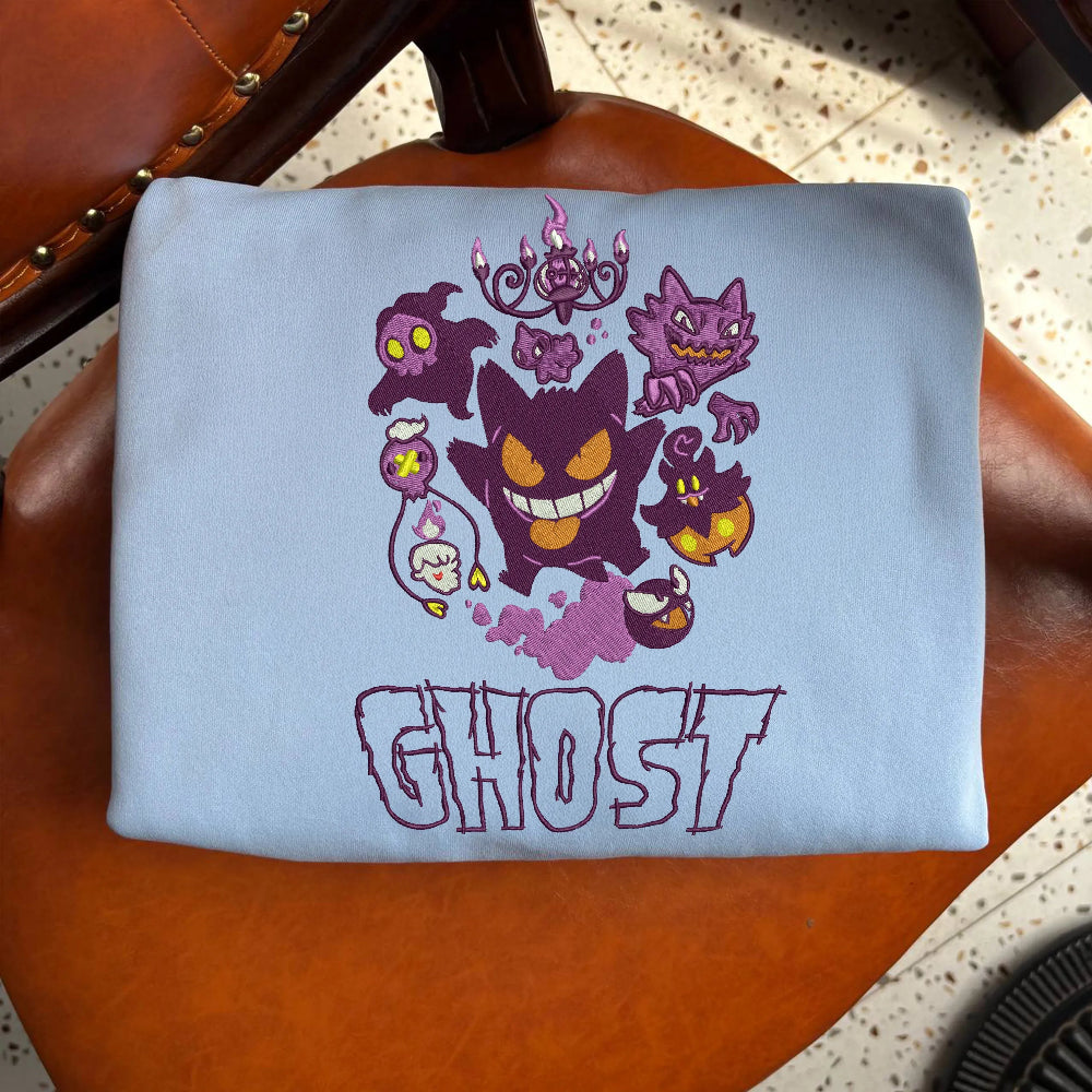 Light Blue Sweater Displaying Embroidered Gengar Chandelier And Haunting Motifs