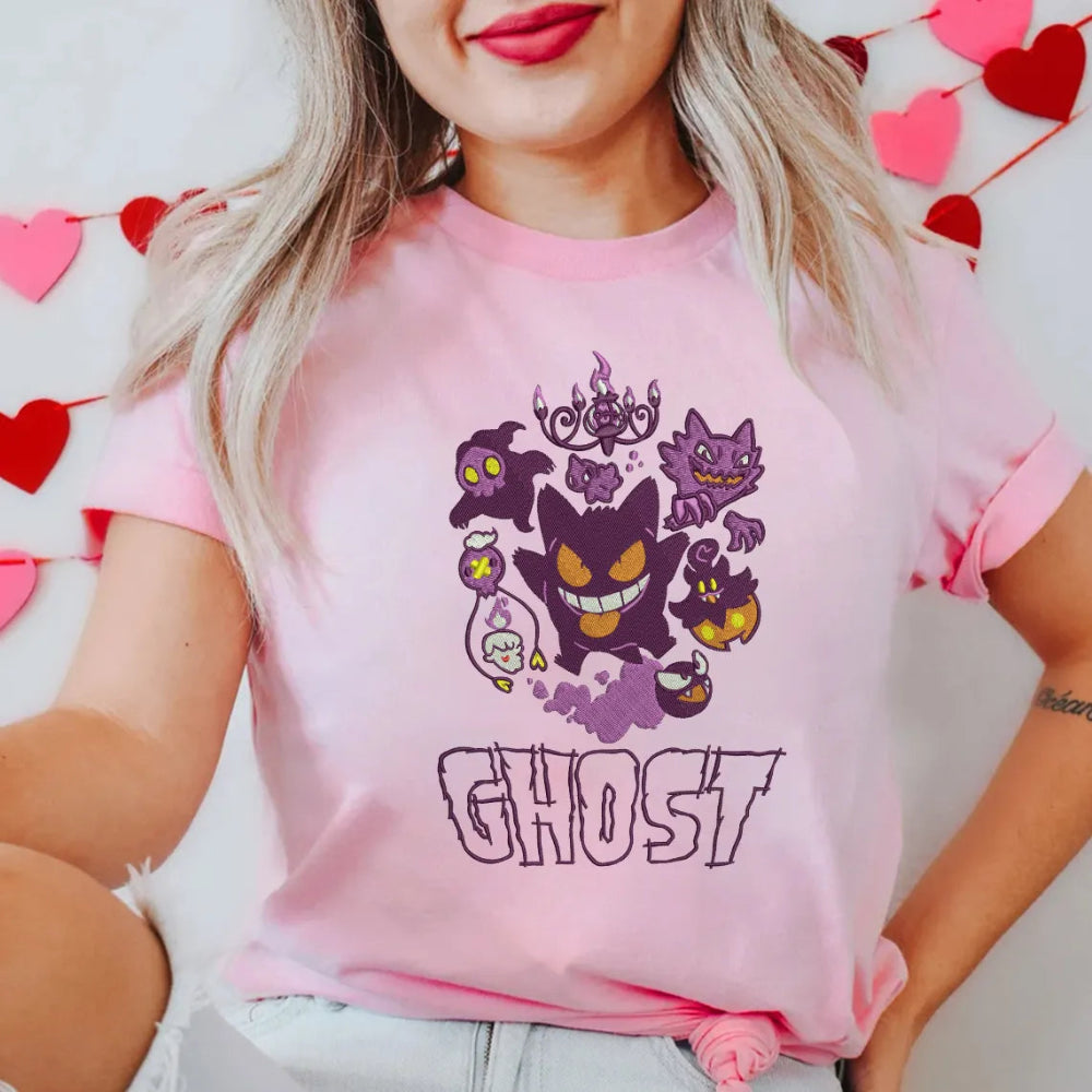 Pink T-Shirt Modeled Showing Gengar Surround With Ghost Companions Patch
