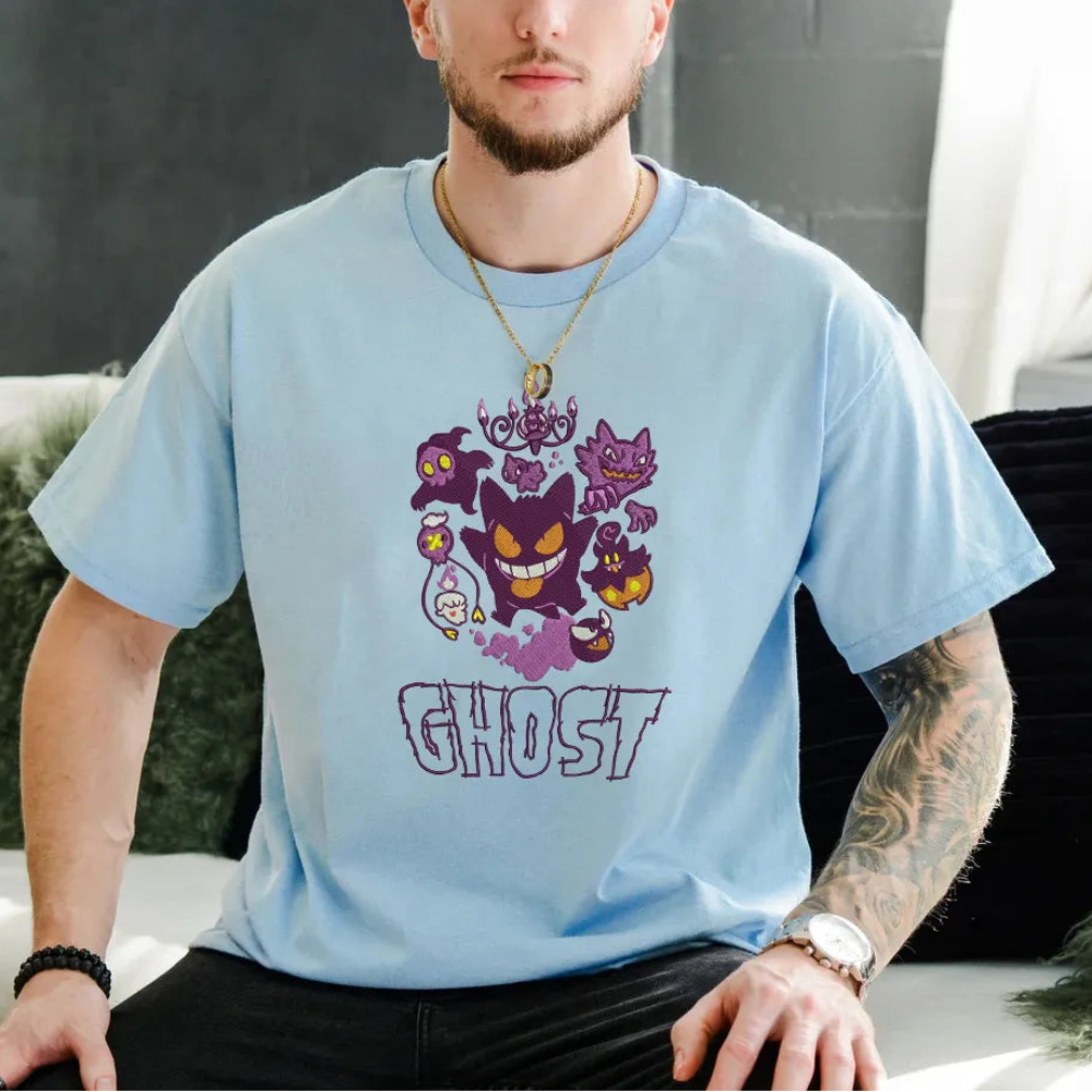 Light Blue T-Shirt Worn Featuring Embroidered Gengar Ghost Cluster Design