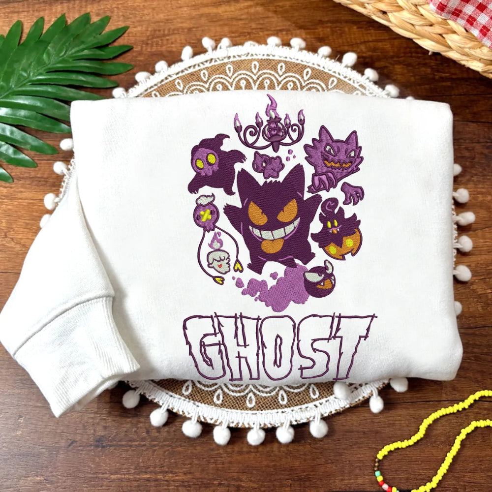 Sweatshirt On Mat With Purple Gengar And Spooky Friends Embroidery