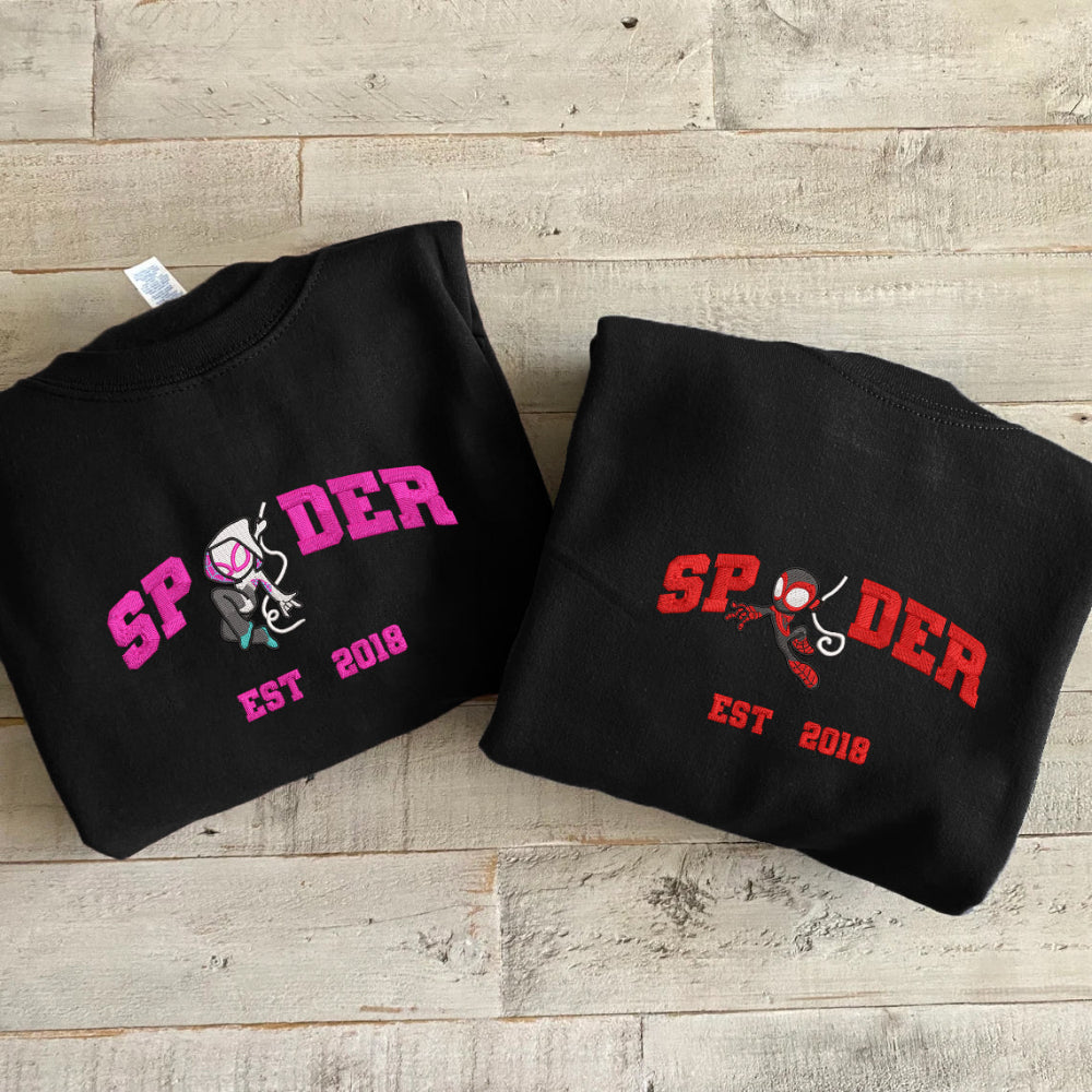 Black His-Hers Spider Couple Hoodies Matching Model Pose