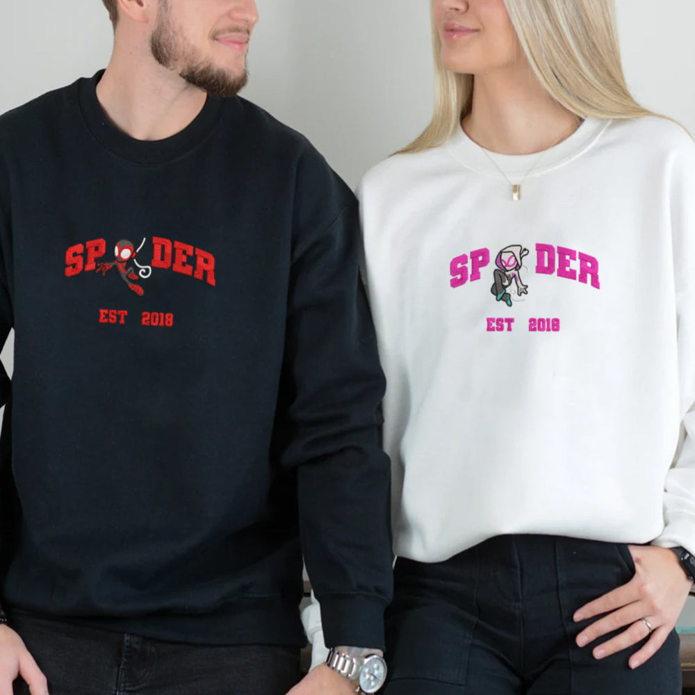 Miles & Gwen Chibi Spider Embroidery Crewnecks Flat Lay