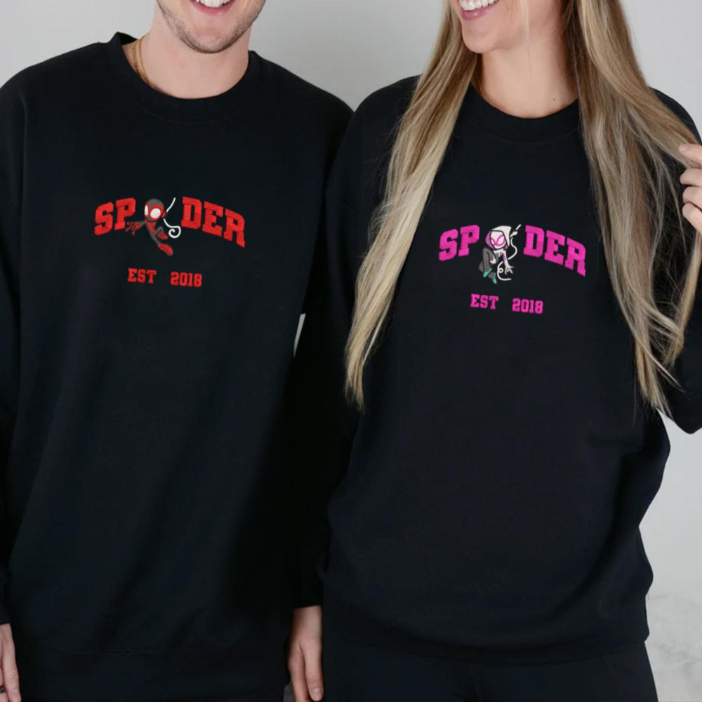 Spider-Verse Est.2018 Embroidered Sweatshirts Worn By Couple