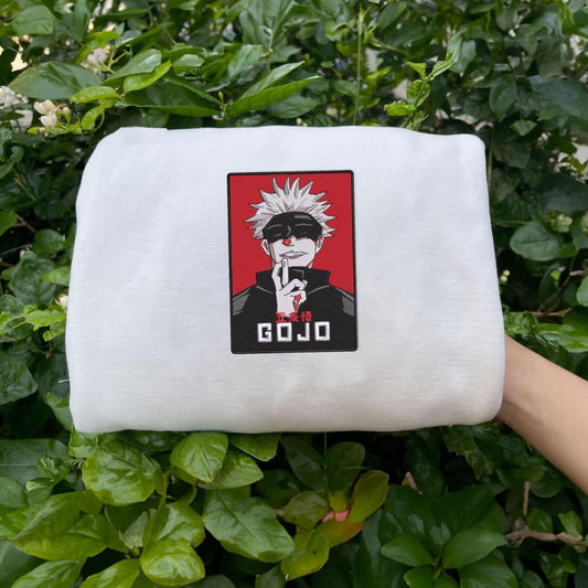 white gojo satoru red box embroidered sweatshirt in greenery