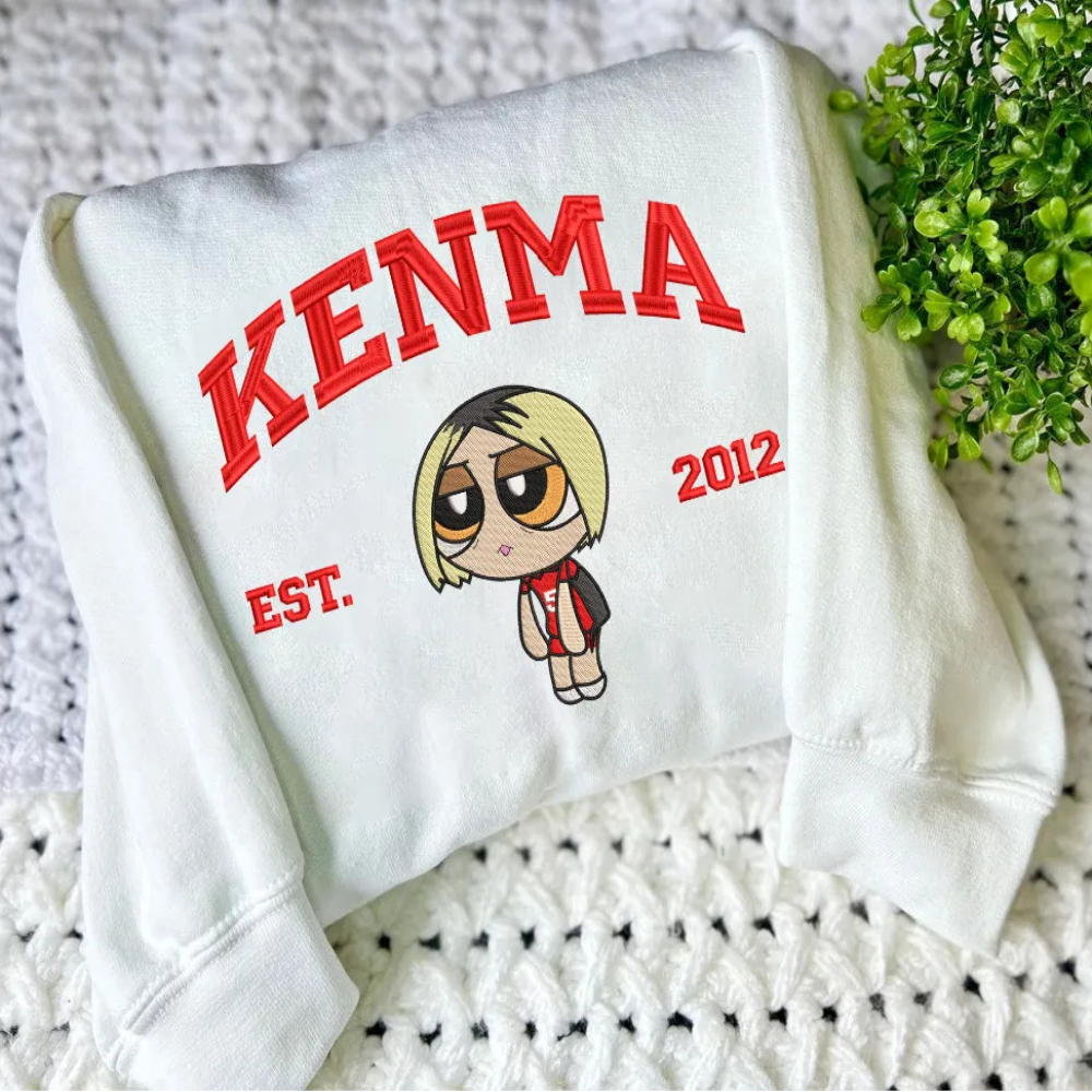 White Sweatshirt With Kenma Chibi Embroidered Est 2012