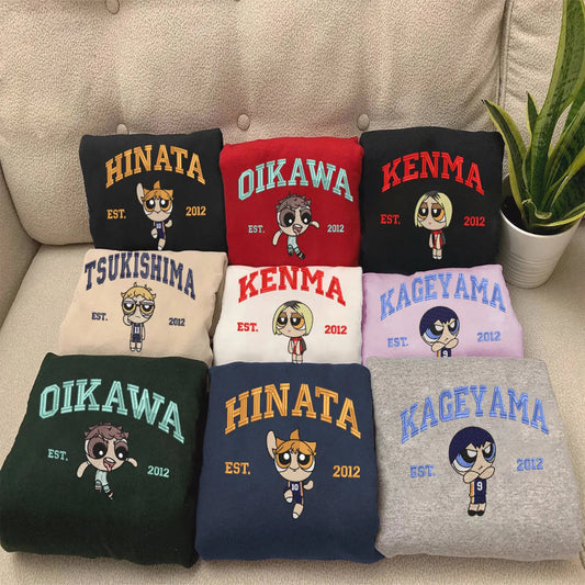 Collection Of Haikyuu Powerpuff Chibi Embroidered Sweatshirts On Couch