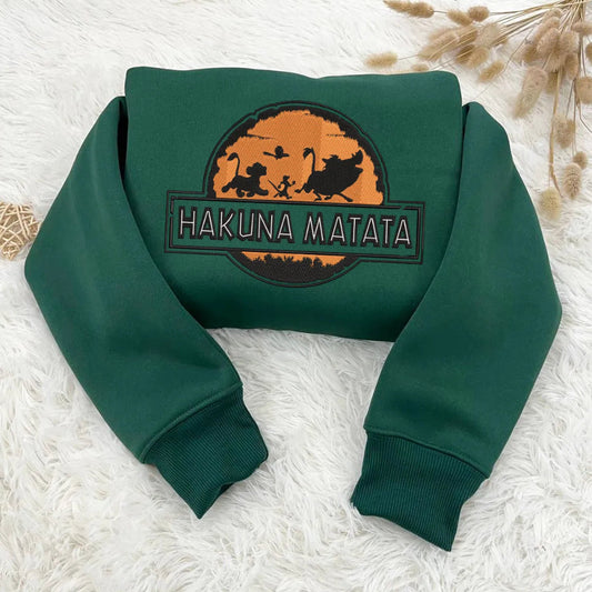 Forst Green Sweatshirt With Hakuna Matata Sunset Silhouette Design Embroidered