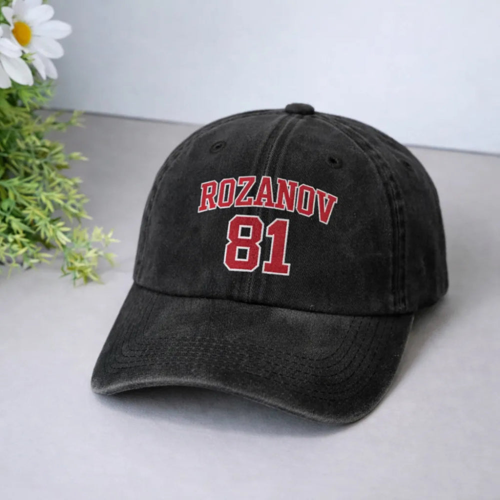 Black Rozanov 81 Embroidered Baseball Cap Flat Lay.