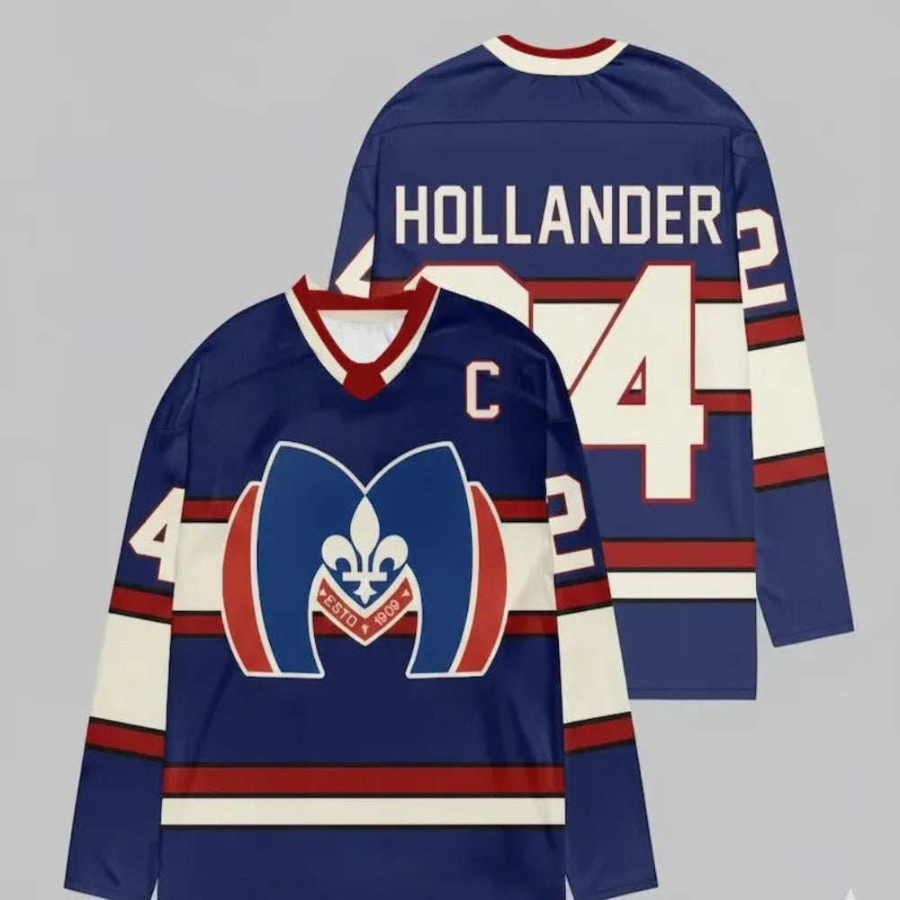 Navy Hollander 24 Captain Hockey Jersey Front And Back.