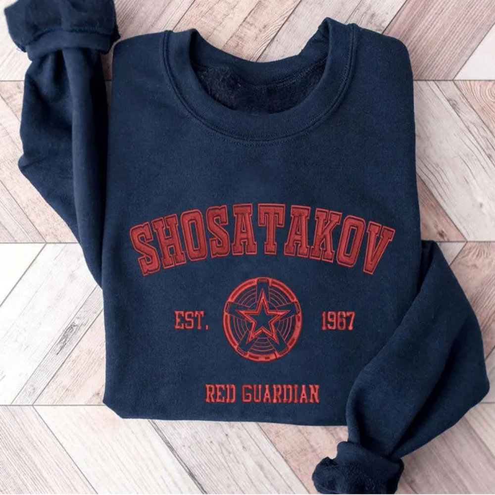 Navy Red Guardian Embroidered Crewneck, Bold Star Emblem Design
