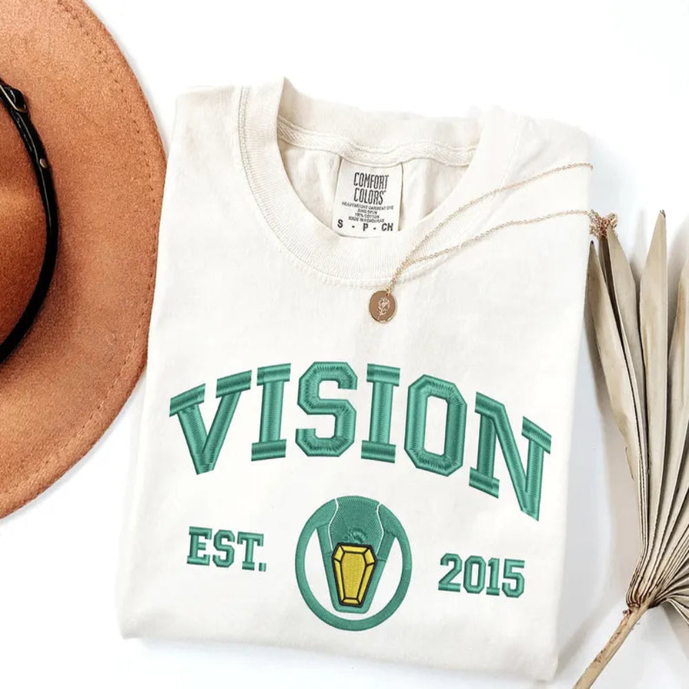 White Vision Embroidered Sweatshirt Folded, Green Gem Crest 
