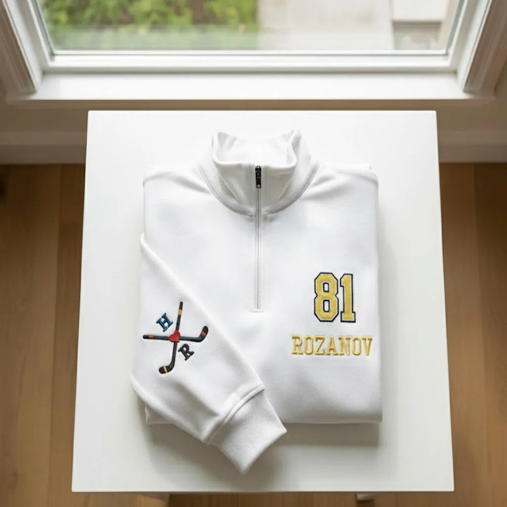 White "81 Rozanov" Hockey Embroidered Quarter-Zip Sweatshirt Displayed