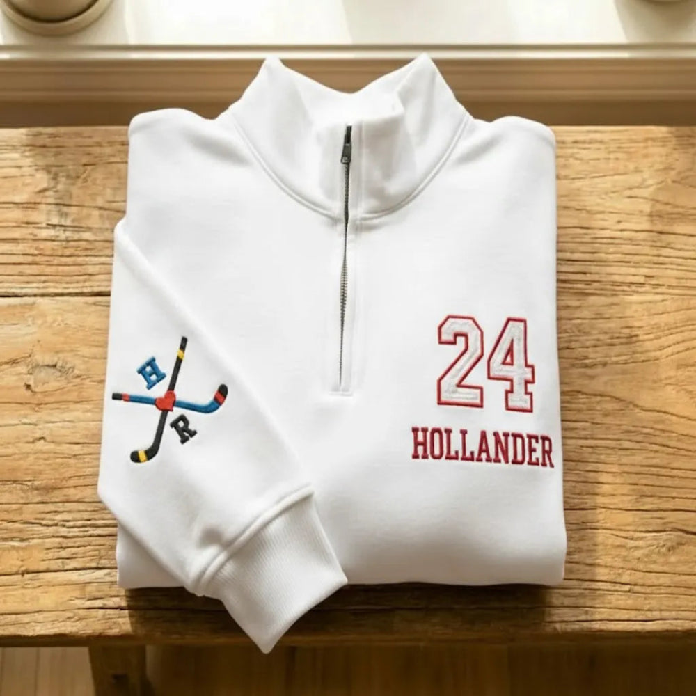White "81 Rozanov" Hockey Embroidered Quarter-Zip Sweatshirt Displayed