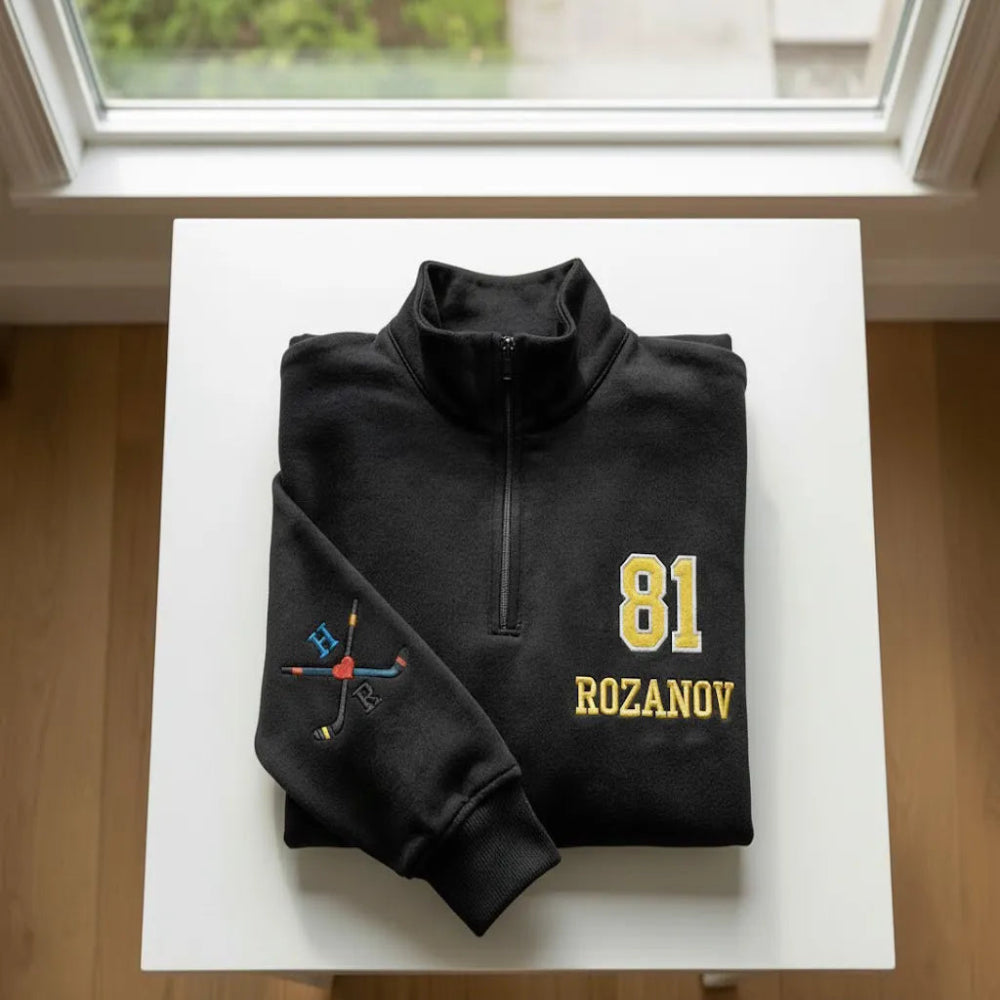 "81 Rozanov" And Navy "24 Hollander" Hockey Sweatshirts Side By Side.