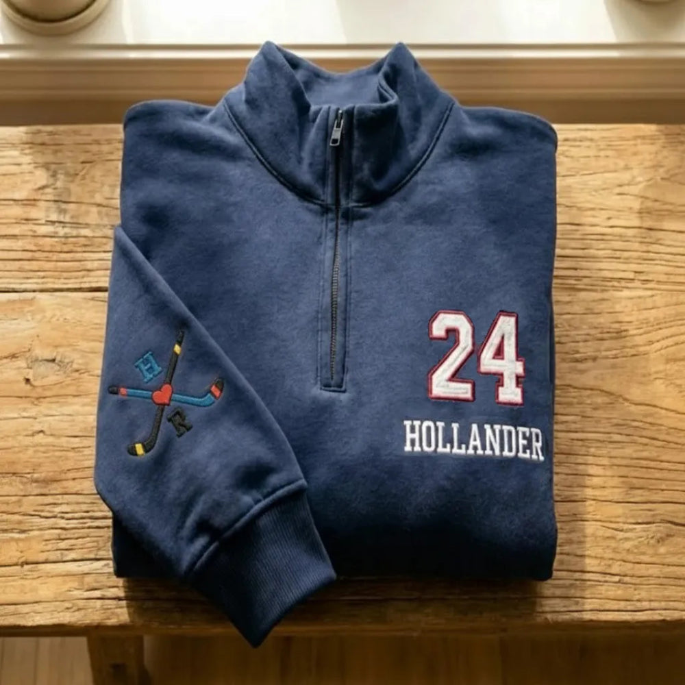 "24 Rozanov" Hockey Embroidered Quarter-Zip Sweatshirt Worn Outdoors.