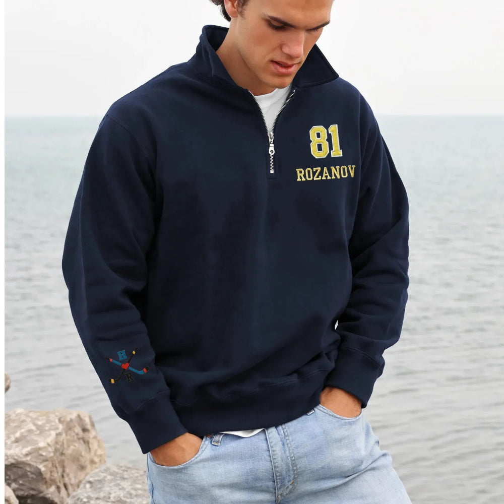Navy "81 Rozanov" Hockey Embroidered Quarter-Zip Sweatshirt Worn Outdoors.