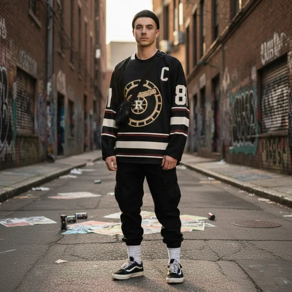 Man Wearing Black Rozanov 81 Hockey Jersey Urban Alley.
