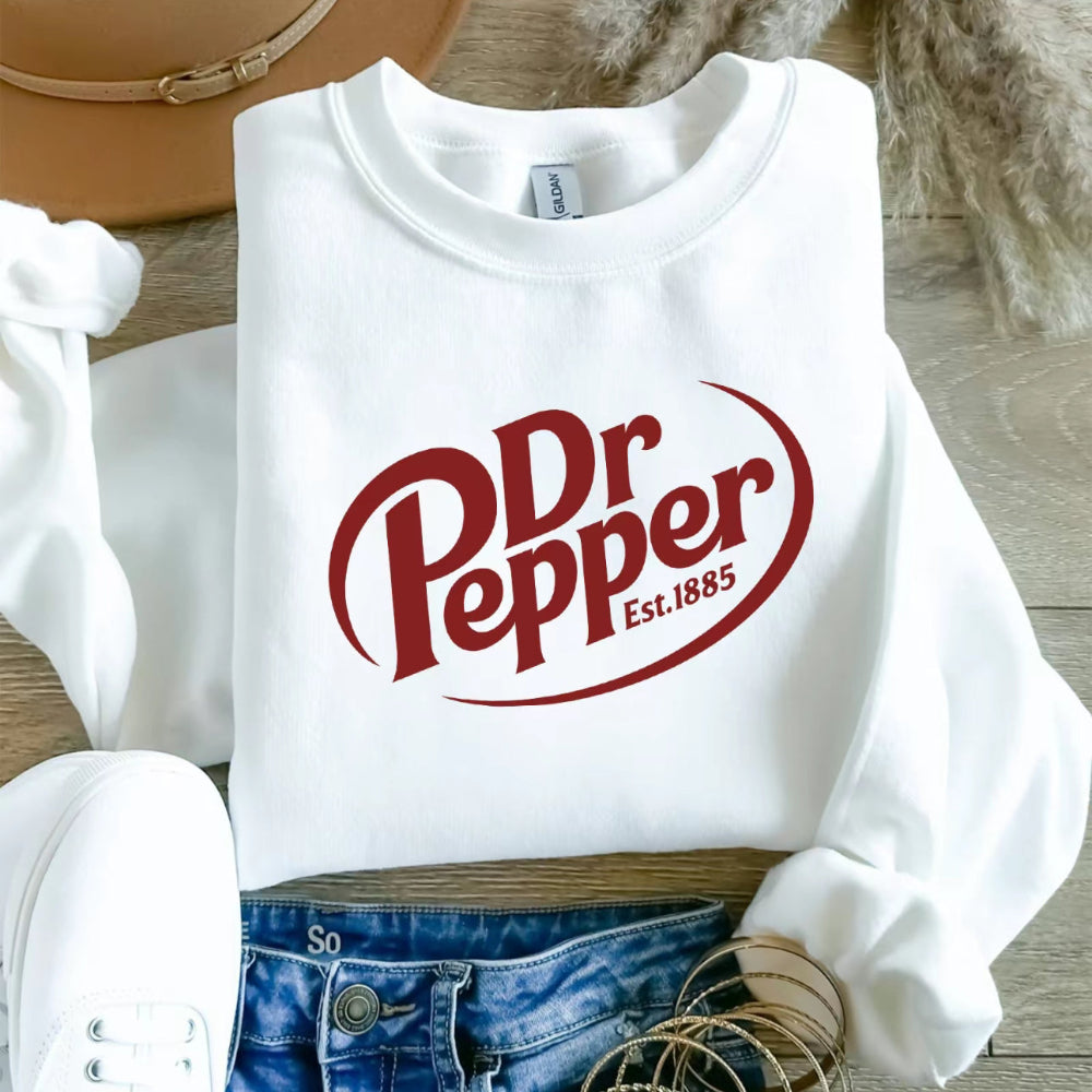 White Dr Pepper vintage logo crewneck with fedora backdrop