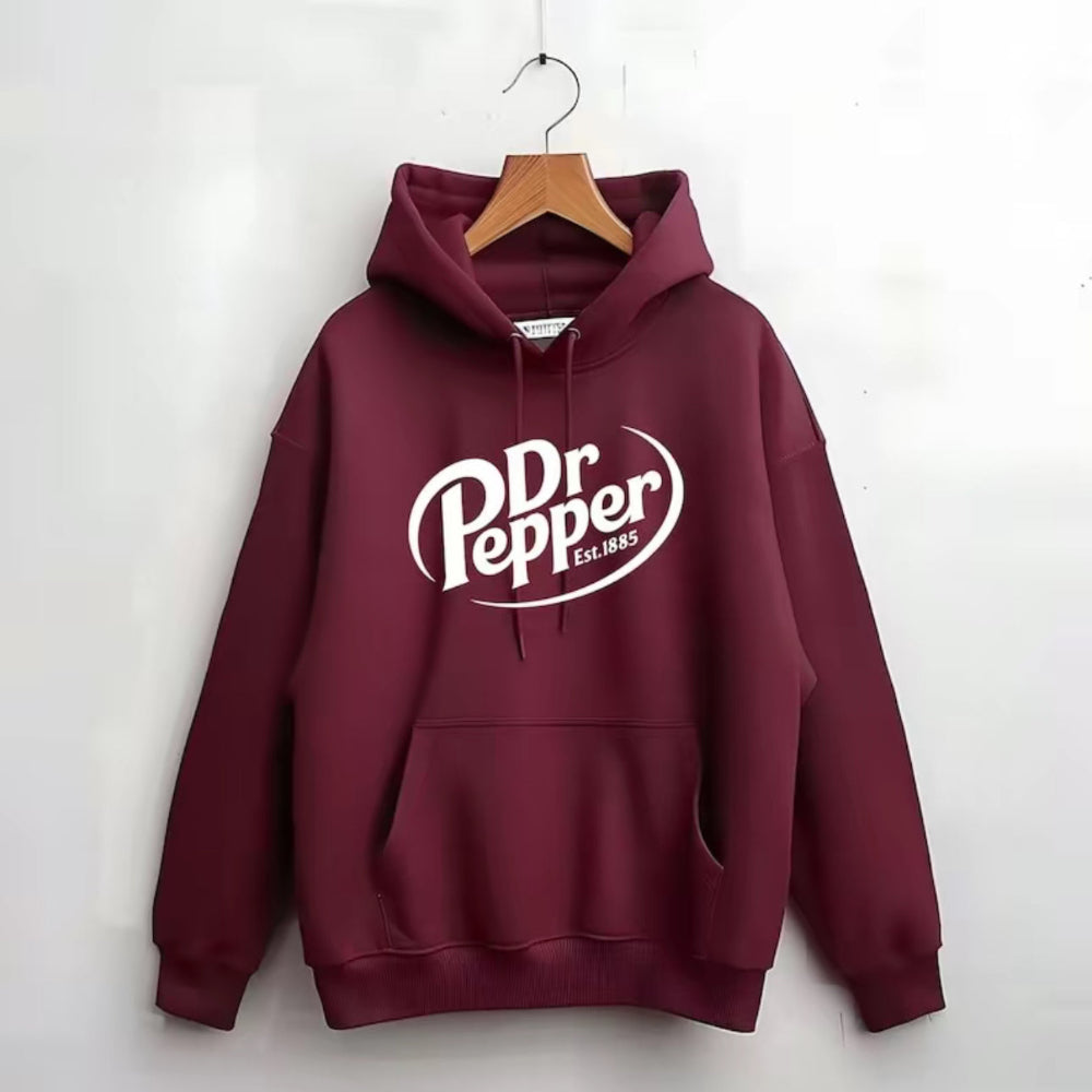 Maroon Dr Pepper hoodie hanging clean on wooden hanger