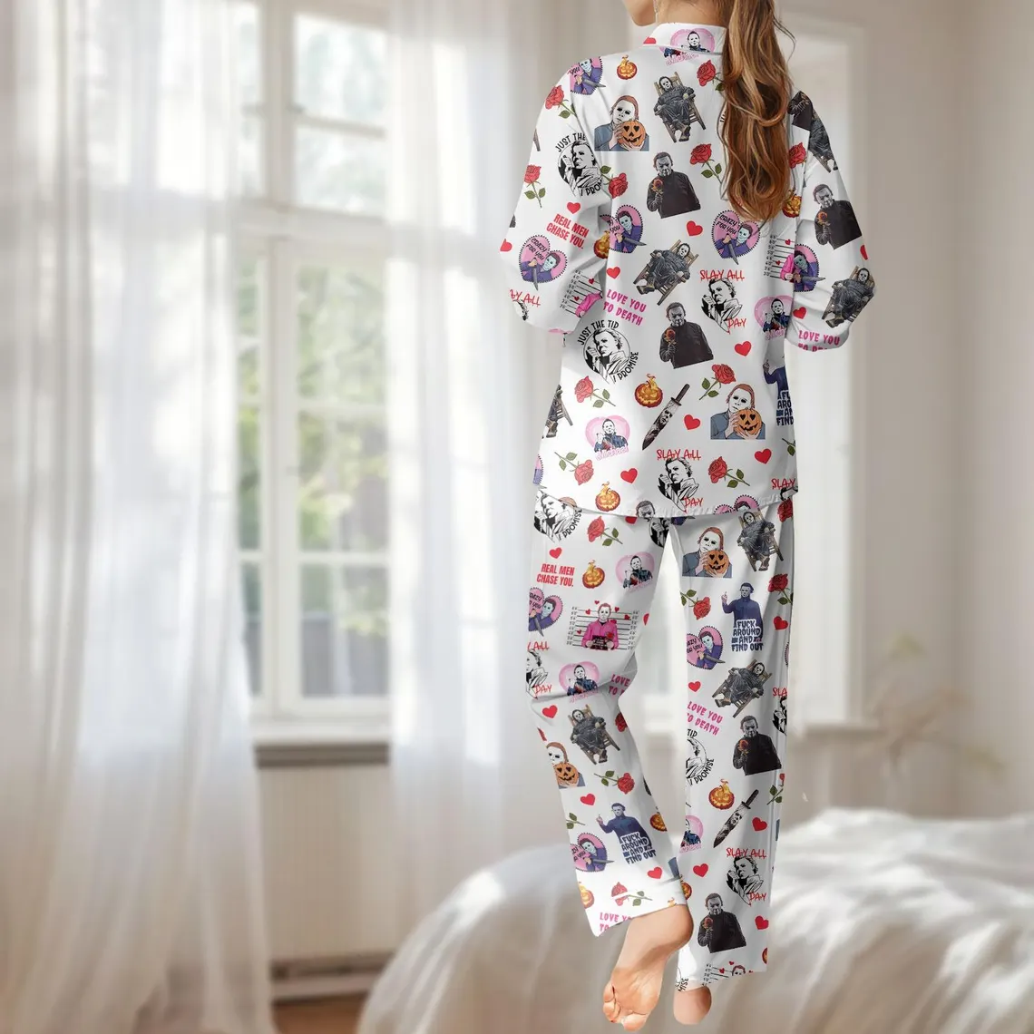Women’s Halloween Satin Pajama Set – Short Sleeve Bat Spooky Sleepwear