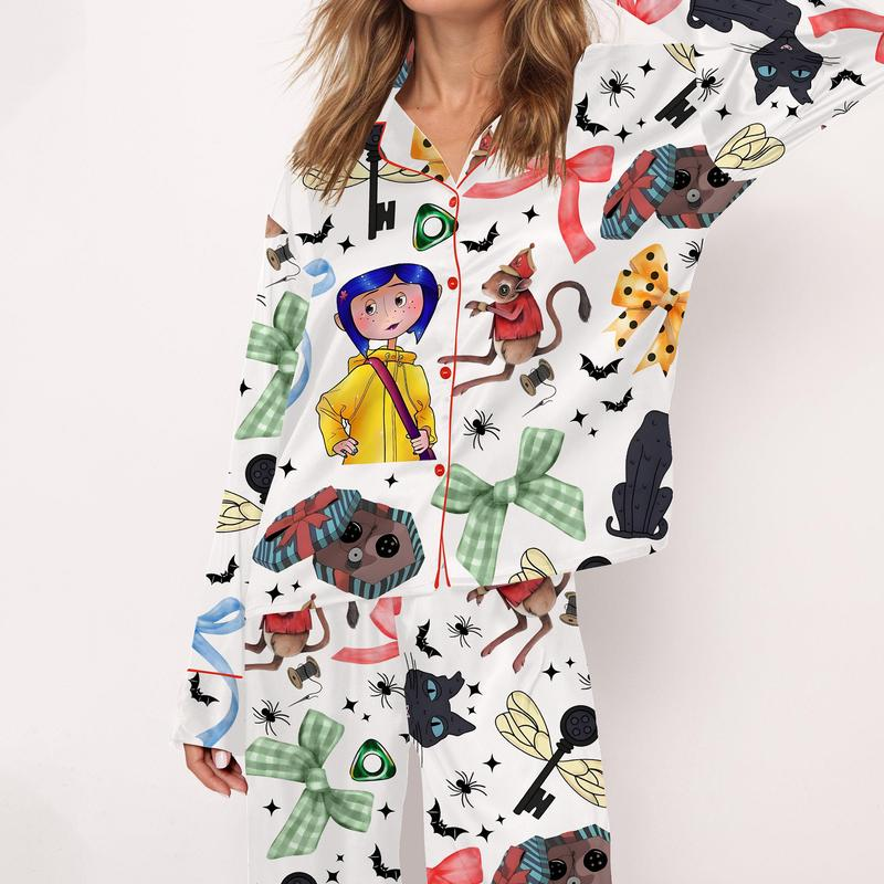 Coquette Coraline Satin Pajama Set For Women, Cartoon Coraline Inspired Pajama Set, Creepy Cute Satin Sleepwear for Women