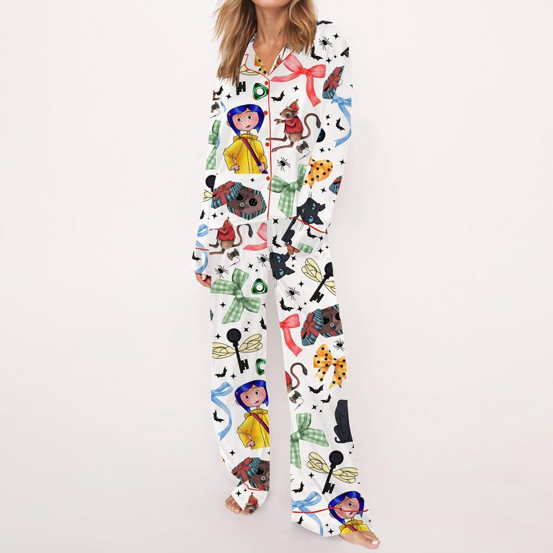 Coquette Coraline Satin Pajama Set For Women, Cartoon Coraline Inspired Pajama Set, Creepy Cute Satin Sleepwear for Women