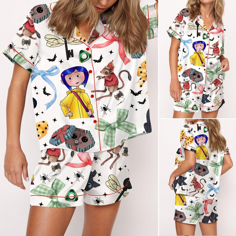 Coquette Coraline Satin Pajama Set For Women, Cartoon Coraline Inspired Pajama Set, Creepy Cute Satin Sleepwear for Women