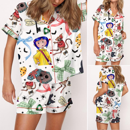 Coquette Coraline Satin Pajama Set For Women, Cartoon Coraline Inspired Pajama Set, Creepy Cute Satin Sleepwear for Women