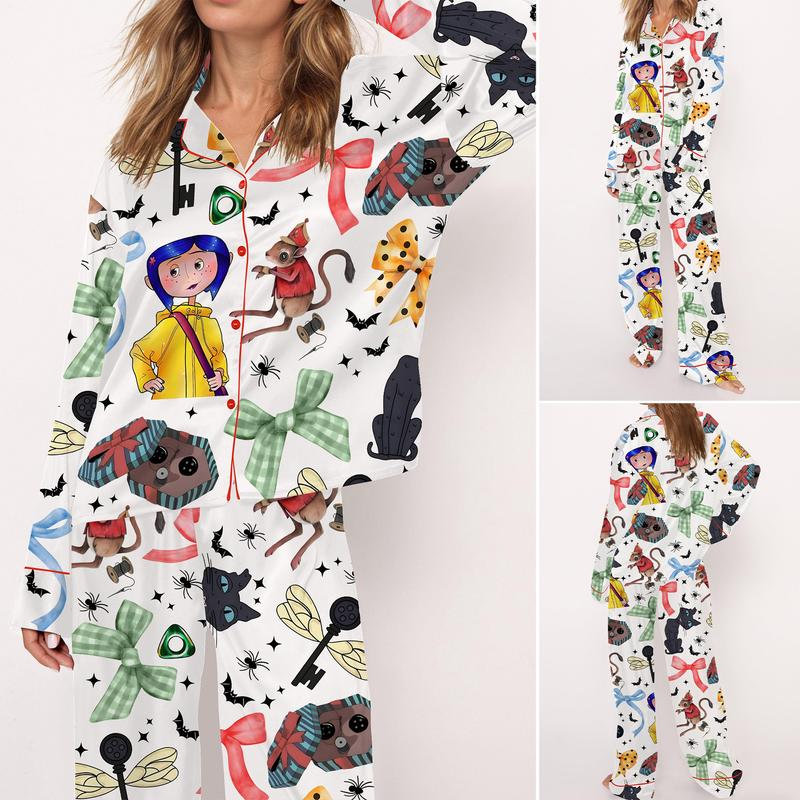 Coquette Coraline Satin Pajama Set For Women, Cartoon Coraline Inspired Pajama Set, Creepy Cute Satin Sleepwear for Women