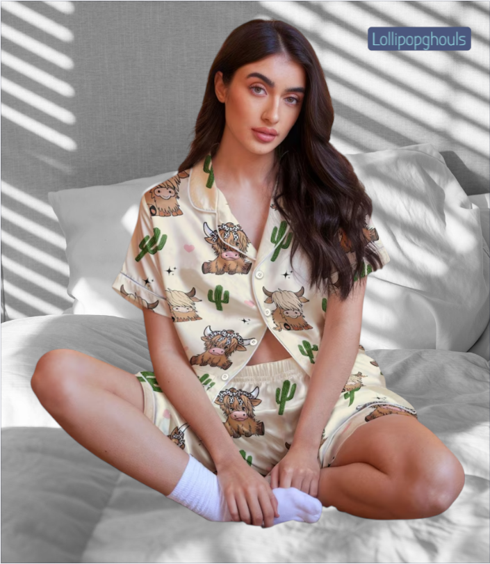 Highland Cow Cartoon Pajama Set, Cute Buffalo Silk Pajamas For Women, Summer Vibe Bridesmaid Pajamas, Cute Cow Pajamas Shorts