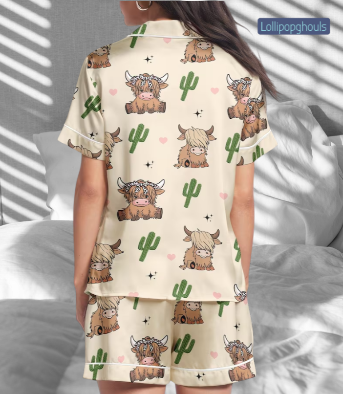 Highland Cow Cartoon Pajama Set, Cute Buffalo Silk Pajamas For Women, Summer Vibe Bridesmaid Pajamas, Cute Cow Pajamas Shorts